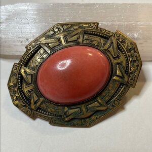 Art Deco Egyptian Revival Coral Stone Brass Brooch/Pin Czech Republic Vintage